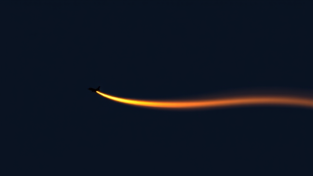 A small plane silhouette climbing a glowing amber trail against a dark night sky, no cockpit or digits visible