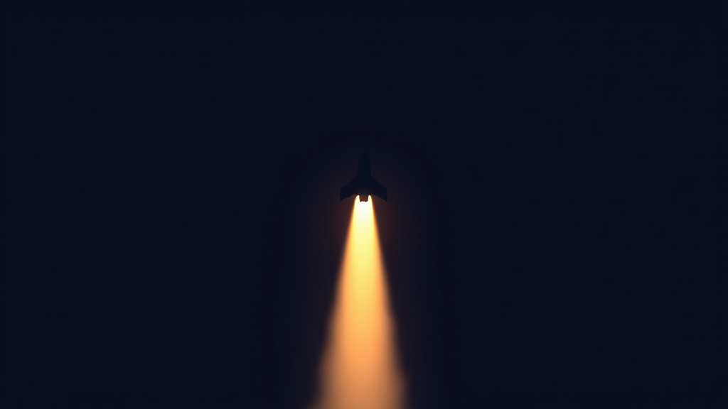 A small plane silhouette climbing a glowing amber trail against a dark night sky, no cockpit or digits visible
