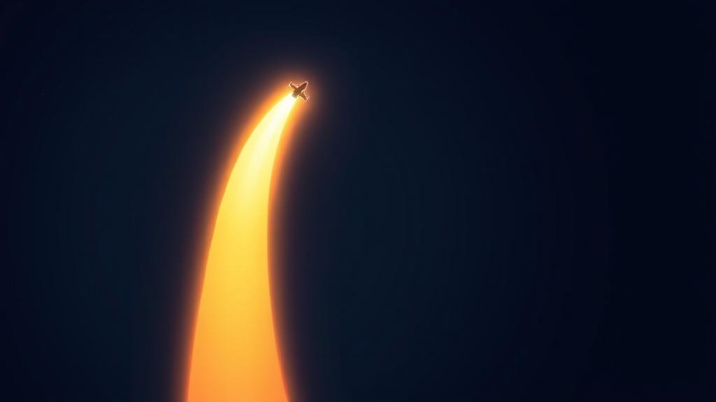 A small plane silhouette climbing a glowing amber trail against a dark night sky, no cockpit or digits visible