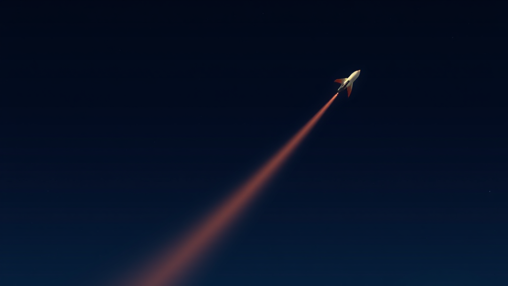 A small plane silhouette climbing a glowing amber trail against a dark night sky, no cockpit or digits visible