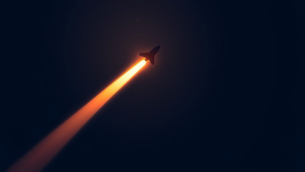 A small plane silhouette climbing a glowing amber trail against a dark night sky, no cockpit or digits visible