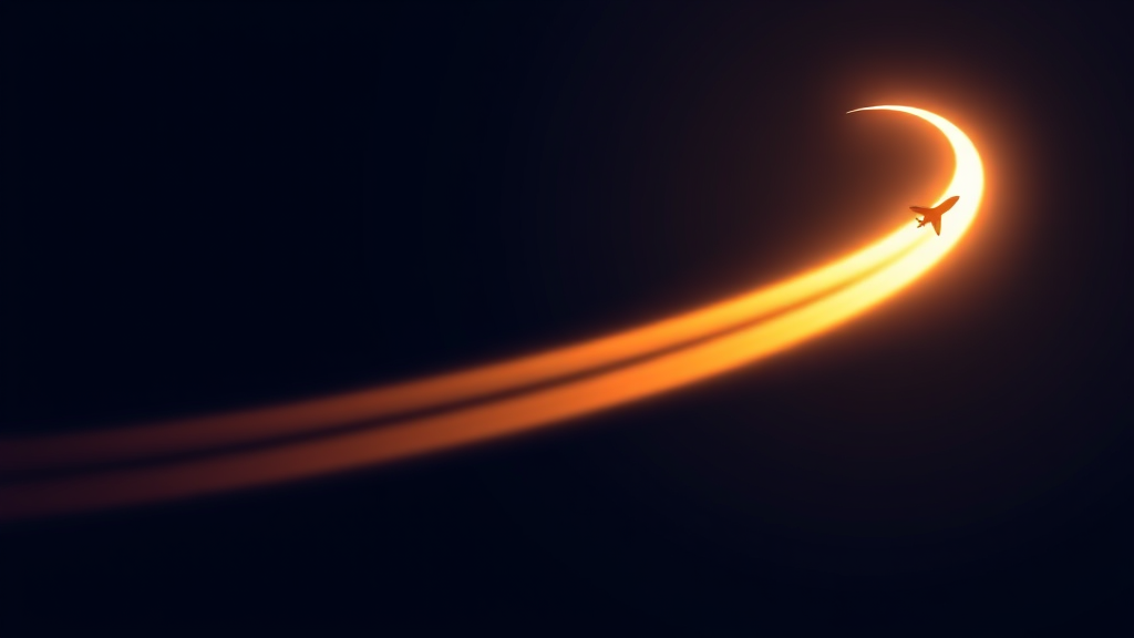 A small plane silhouette climbing a glowing amber trail against a dark night sky, no cockpit or digits visible