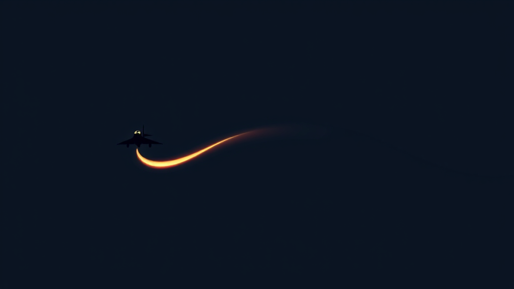 A small plane silhouette climbing a glowing amber trail against a dark night sky, no cockpit or digits visible