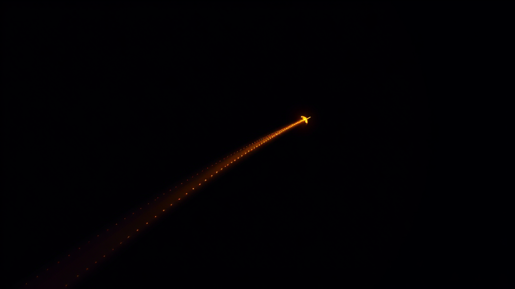 A small plane silhouette climbing a glowing amber trail against a dark night sky, no cockpit or digits visible