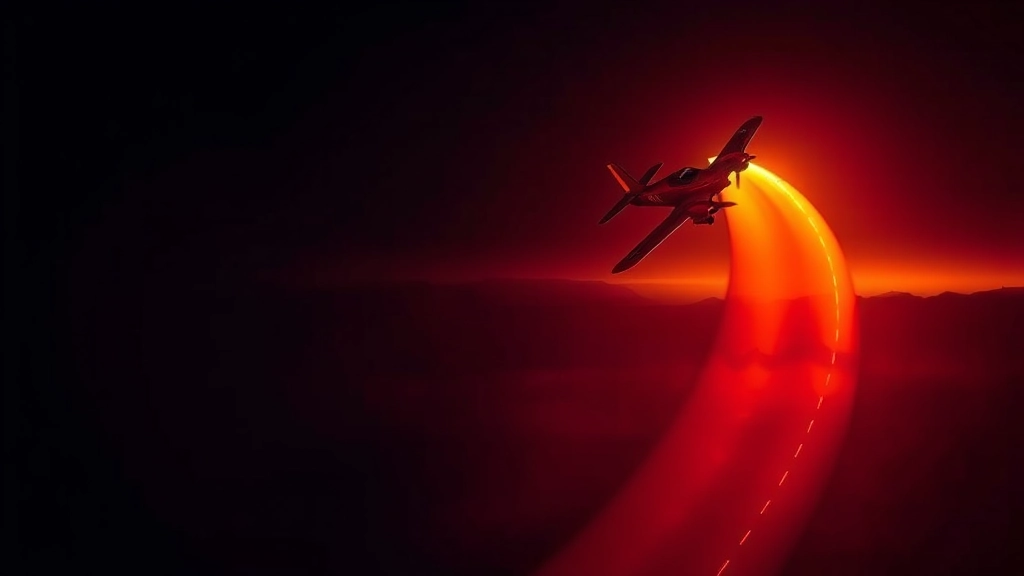 A crimson and amber propeller plane climbing steeply through layered haze above a lit horizon, its glowing trail sweeping across the frame