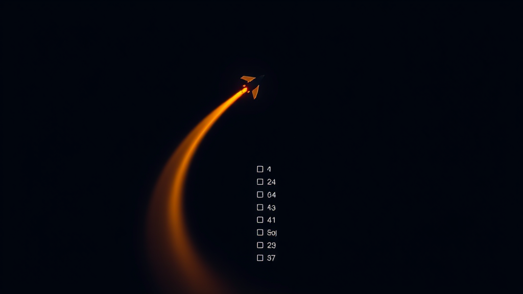 A short vertical list of small checkmarks, dark navy background, text