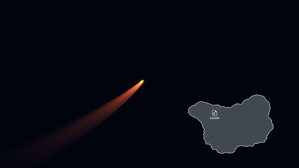 A plain outline map shape with a small document icon, text, dark navy background
