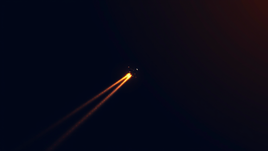 A single amber trail against dark navy with a small marker near the top, calm composition